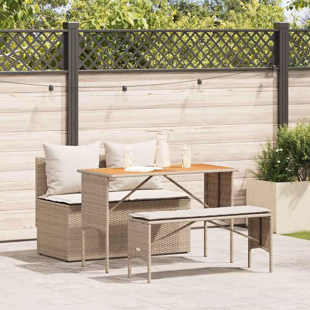 Set da Pranzo da Giardino vidaXL in Polyrattan e Legno di Acacia con Cuscini Beige e Bianchi, 3 Pezzi
