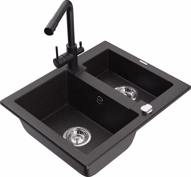 Mexen Carlos lavello in granito da 1,5 vasca con miscelatore da cucina Duero, nero/oro metallico - 6518-75-671600-70