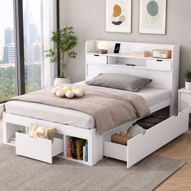 Letto REDOM Bianco per bambini con cassetti, vano contenitore, ripiani e porte USB e Type-C, L/P/H: 90 x 200 cm