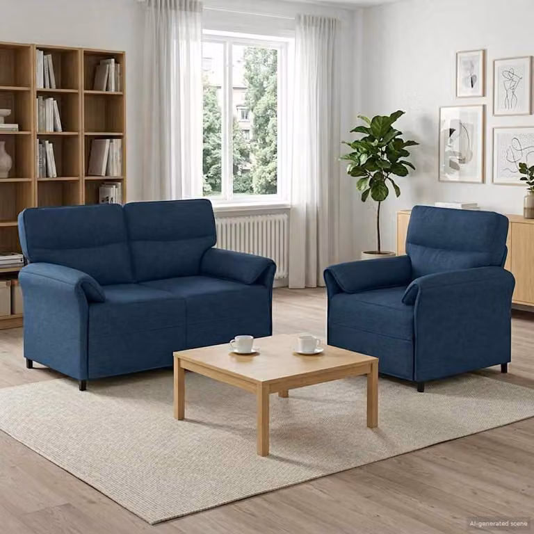 Set di 2 divani moderni vidaXL in tessuto blu con struttura in metallo e cuscini inclusi