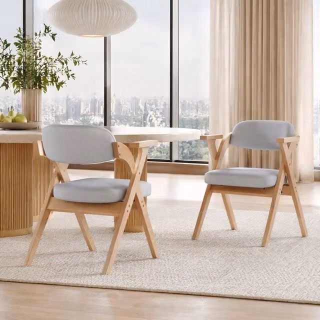 Set di 2 sedie da pranzo pieghevoli con braccioli in legno massello e lino grigio
