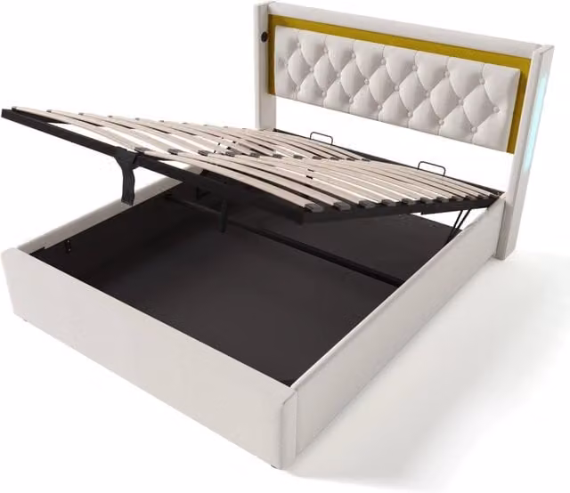 Letto Contenitore Matrimoniale Chicfurn con LED, Porte USB e Tipo C, Rivestimento in Tessuto, L/P: 140 x 200 cm, Colore Beige o Bianco – 1