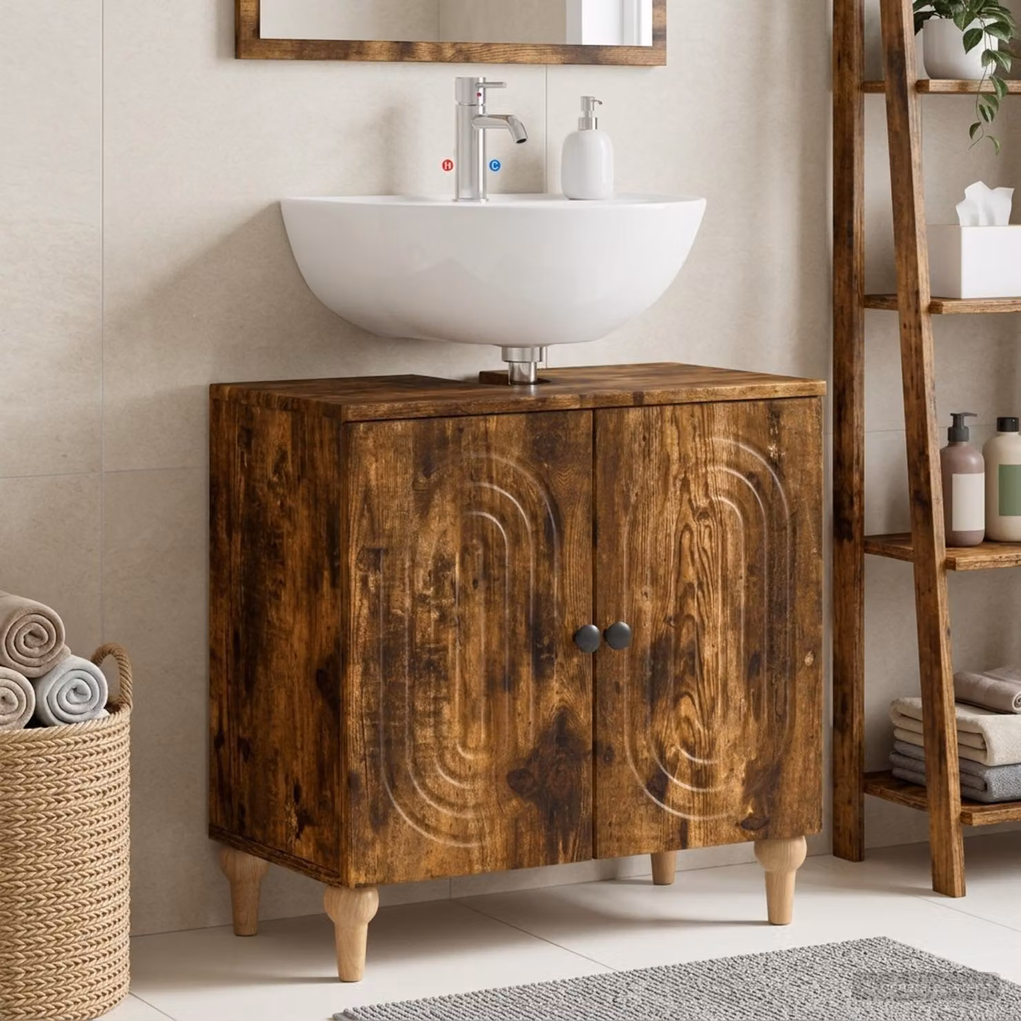 Armadio per lavabo da bagno moderno vidaXL ALKMAAR Rovere Fumo con ante a battente e ripiani interni, L/P/H: 59,5 x 31,5 x 59 cm