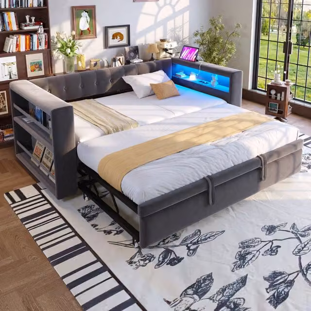 Divano letto 90x190 grigio scuro con LED; prese e contenitore