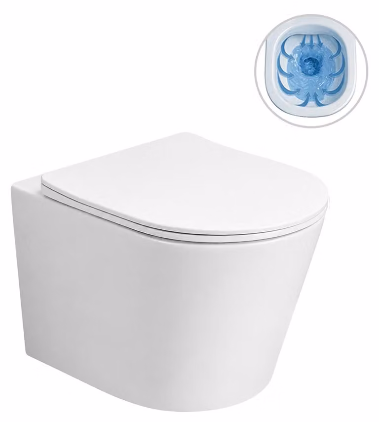 WC sospeso modello Hugo, con vaso Vortex + sedile Slim/UF, colore bianco lucido, dimensioni 53x36 cm