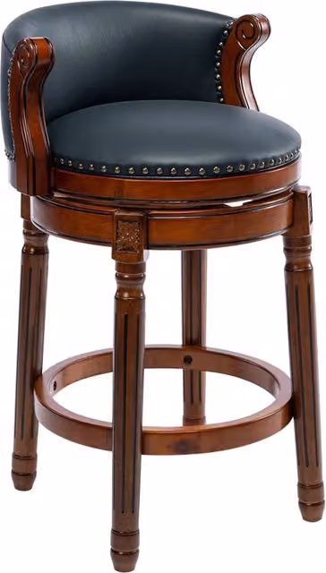 Sgabello Bar in Pelle Con Vista a 360° con Schienale, Altezza Bancone 66 cm, Struttura in Legno Avorio