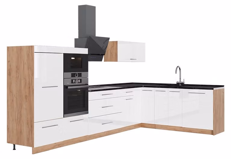 Cucina angolare completa Vicco Fame-Line Bianco lucido/Rovere dorato 347 x 207 cm, PL Antracite, Model 63613