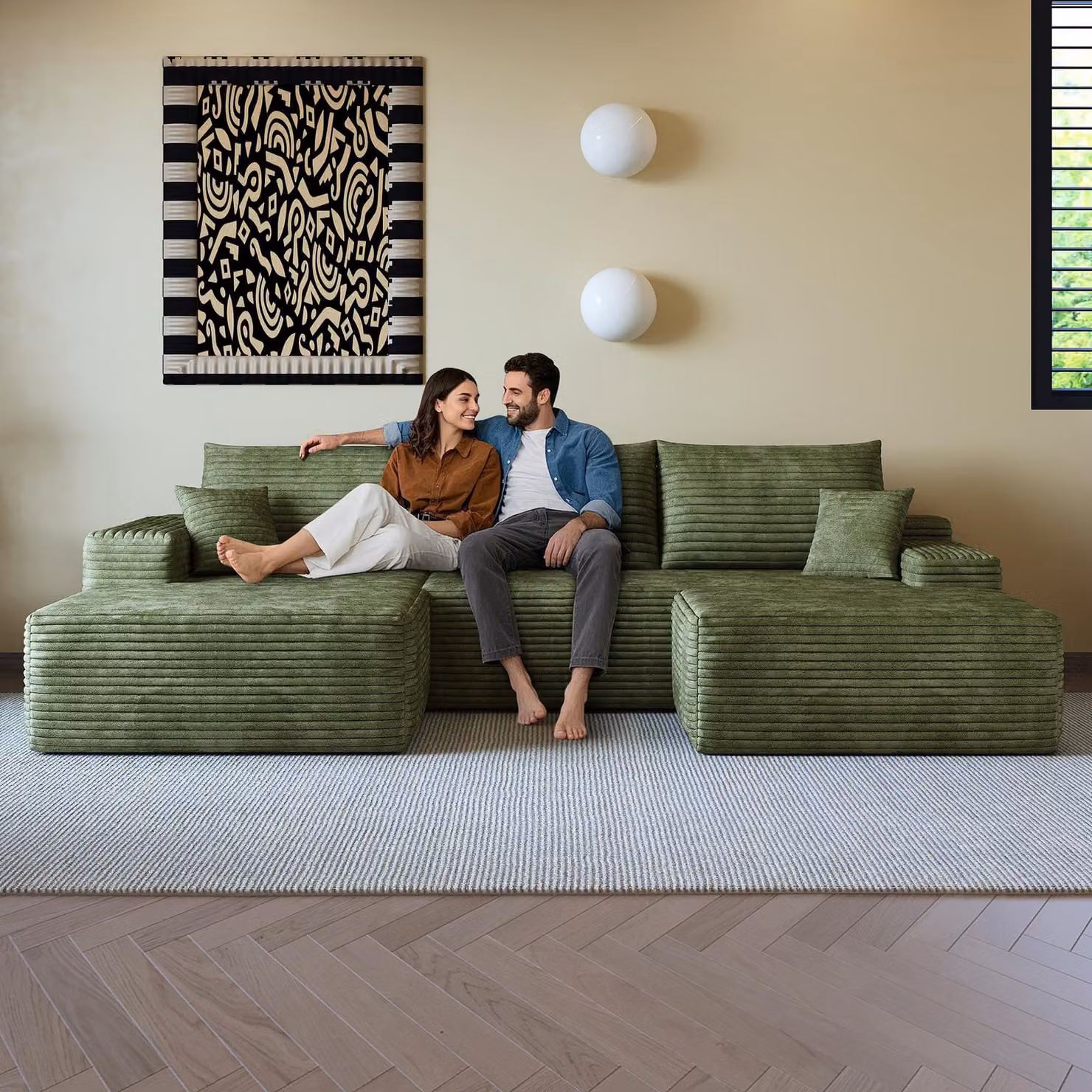 Divano angolare modulare senza struttura interna, con chaise longue a forma di L, design moderno, seduta profonda. Non richiede montaggio