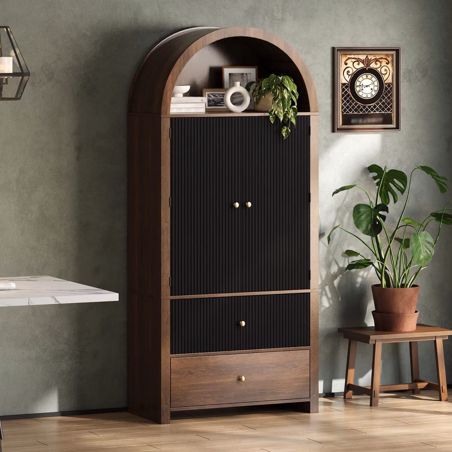 Mobile a 2 ante con 2 cassetti e ripiano superiore aperto, mobile da cucina, mobile alto 80x40x180 cm, effetto noce