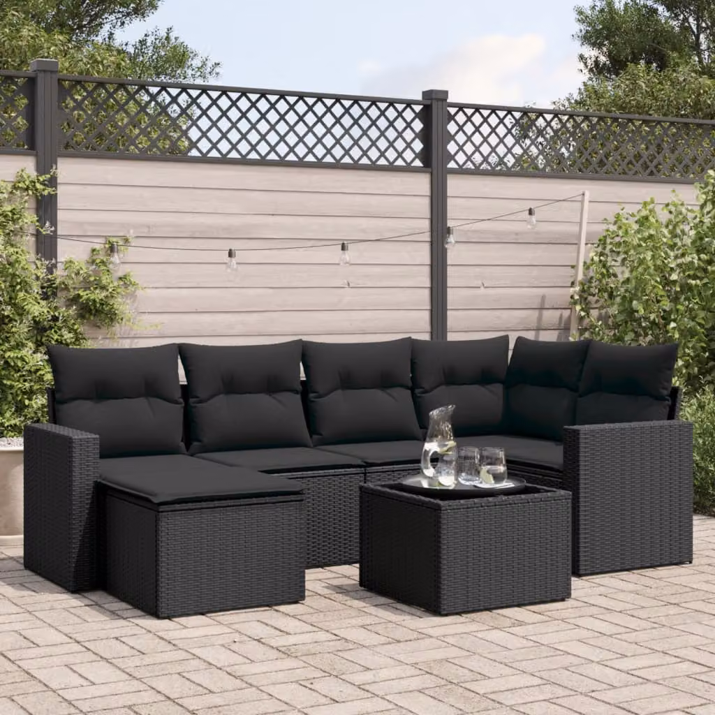 Set di Divani da Giardino vidaXL a Forma di L con Cuscini e Tavolino, 7 Pezzi, Polyrattan Nero – 1