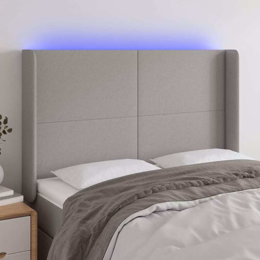 Testiera per letto con illuminazione LED e porta USB vidaXL in tessuto grigio, L: 147 cm, P: 16 cm, H: 118-128 cm