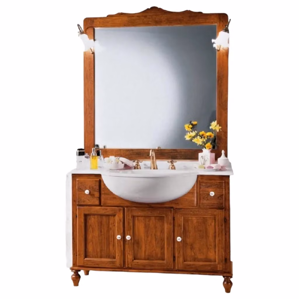 Mobile bagno MOBILI 2G in legno ciliegio con lavabo, 3 porte, 2 cassetti e specchio, L: 115 cm – 2