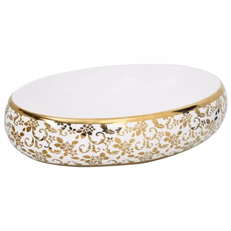 Lavabo da Appoggio Bianco e Oro Ovale 59x40x15 cm Vetroceramica