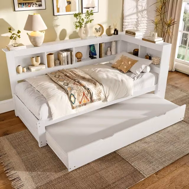 Letto Giorno REDOM moderno in legno e tessuto bianco con cassetti e porta USB L: 200 cm, P: 90 cm
