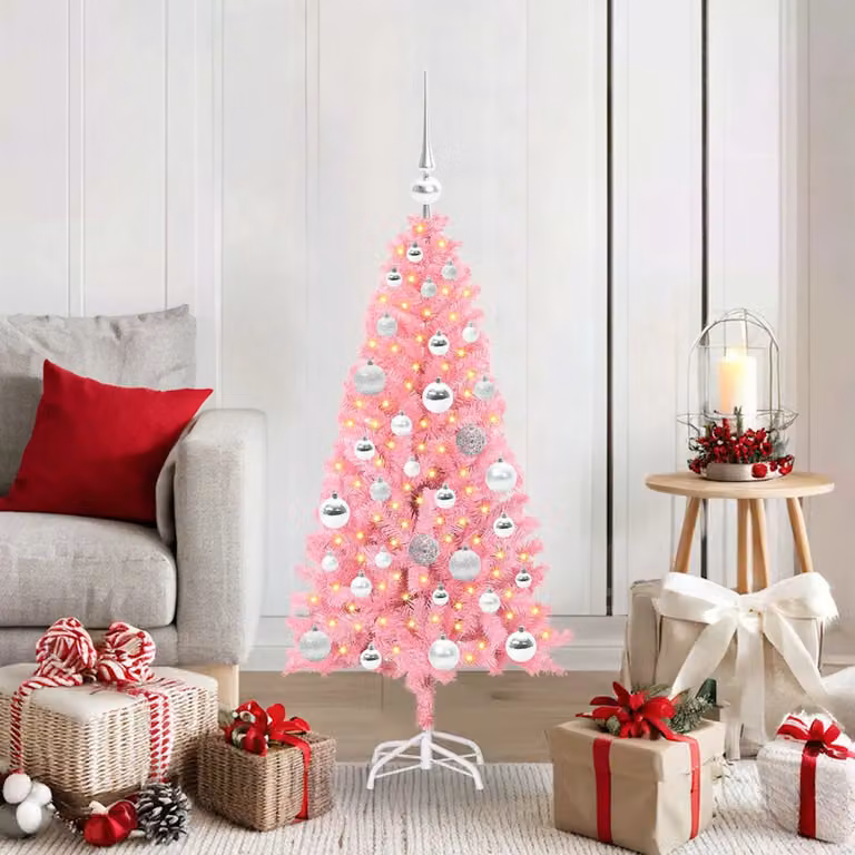 Albero di Natale moderno vidaXL rosa con luci LED bianco caldo in PVC, Altezza: 120 cm
