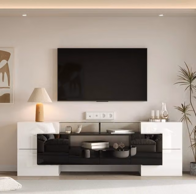 Mobile TV moderno 200 cm bianco e nero con illuminazione LED e finitura lucida in vetro