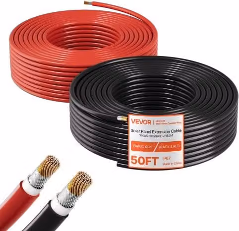 Cavo di prolunga per pannello solare VEVOR calibro 6 mm² per sistema fotovoltaico, lunghezza 15,24 m, colori nero e rosso, protezione IP67, tensione CC 1500V