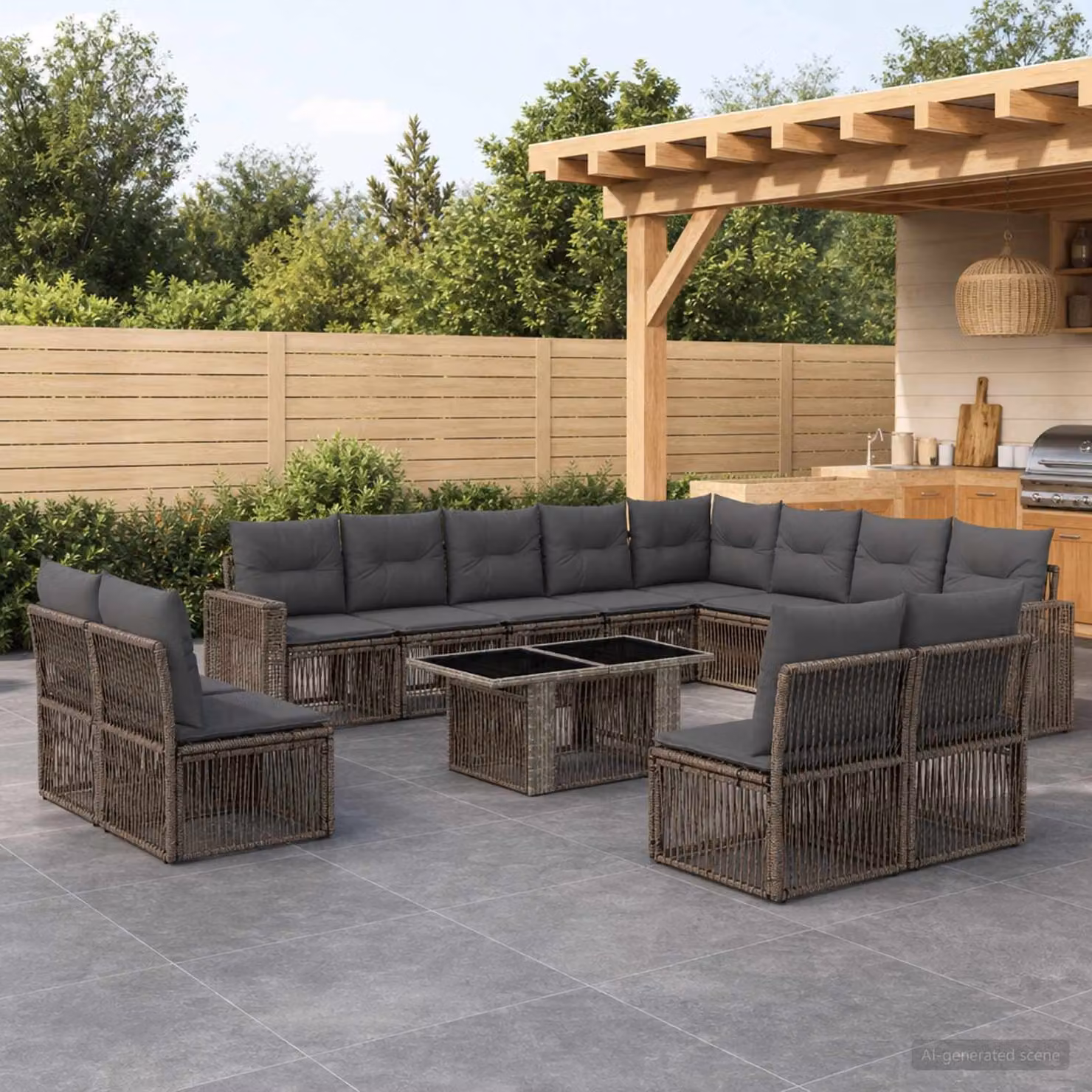 Set Divano da Giardino vidaXL 13 pz a Forma a L con Tavolino, Colore Grigio e Antracite, Struttura in Metallo e Polyrattan con Cuscini Imbottiti