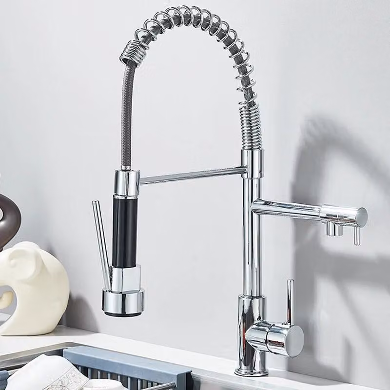 Rubinetto da cucina - Molla a spirale - Doppio beccuccio orientabile a 360° - Doccetta estraibile - Monocomando, 1 foro - Caldo/freddo - Ottone, cartuccia in Vetroceramica - Montaggio a vista - Cromo