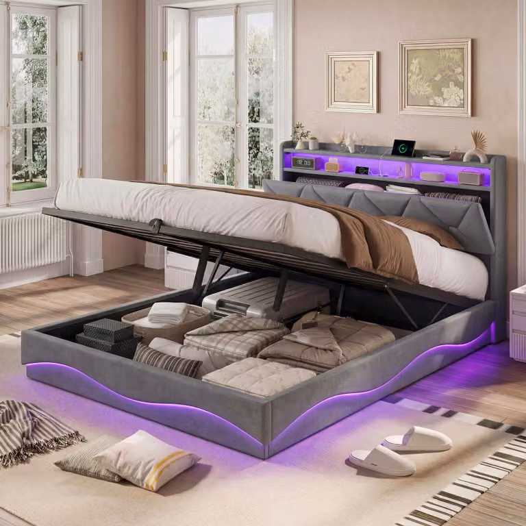 Letto Moonbite con contenitore, dimensioni 160x200 cm, rivestito in velluto grigio a motivi a rombi – LED RGB con 6000 colori, struttura a molle, sistema di ricarica duale