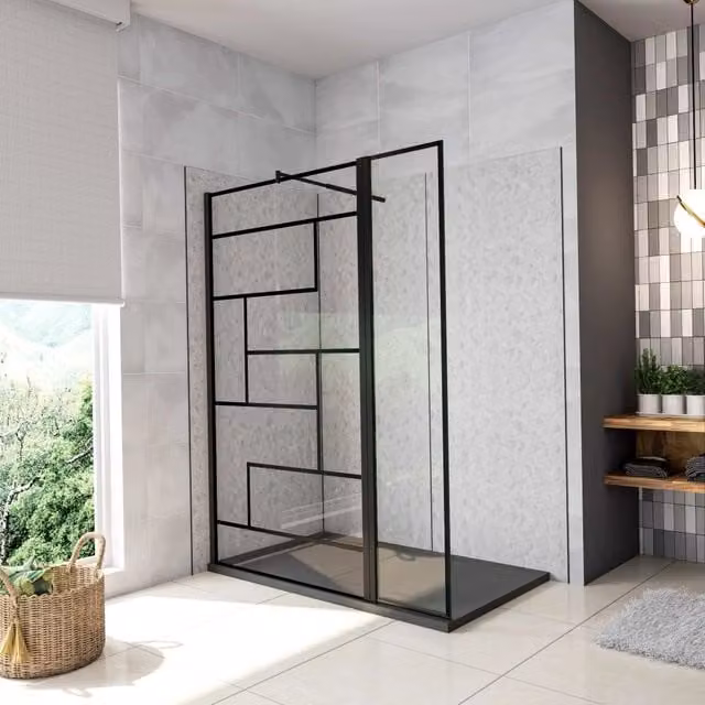 Box Doccia Walk in 150x200cm Parete Fissa 110cm + Paretina 40cm Vetro 8 mm Temperato Anticalcare Serigrafato Nero Riquadri Barra Stabilizzatrice 70-120cm