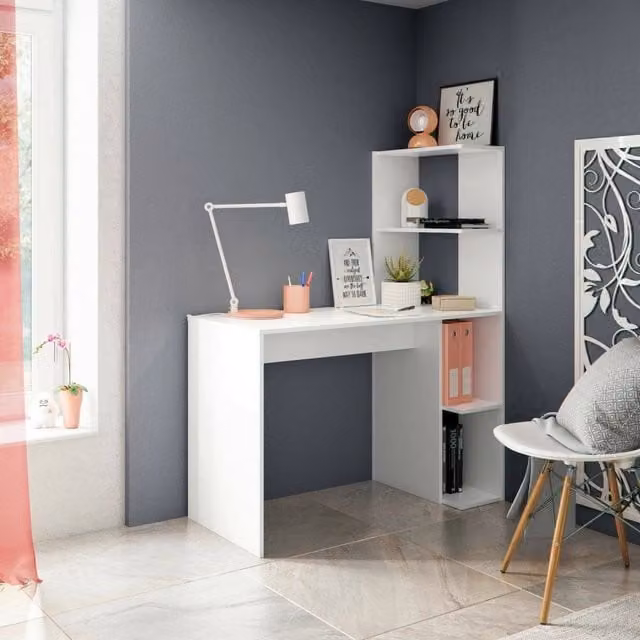 Scrivania Abba DMORA con libreria integrata, tavolo ufficio moderno in legno bianco, L: 110 cm, P: 52 cm, H: 136 cm