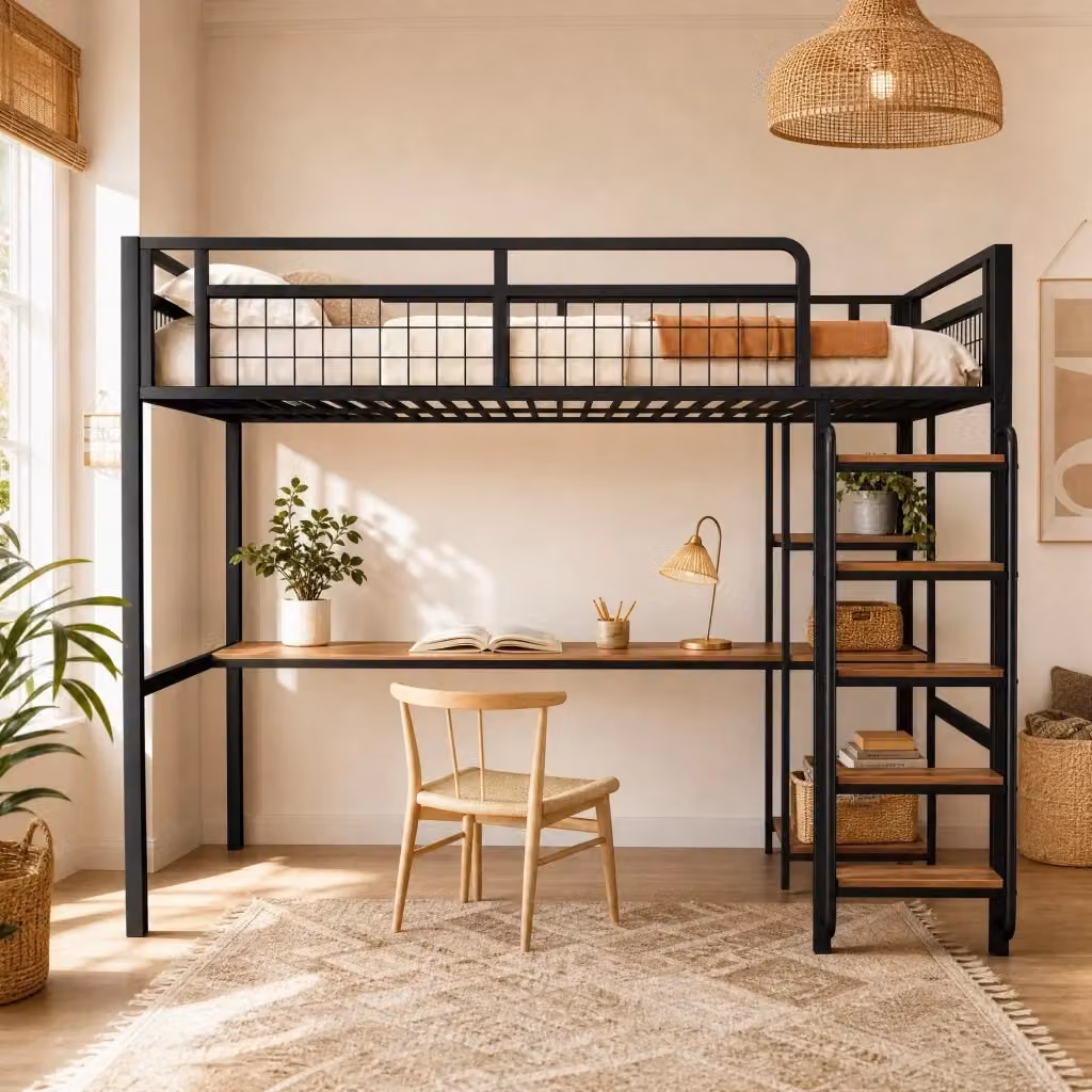 Letto a soppalco moderno in metallo e MDF nero con scala, tavolo e ripiani laterali L/P/H: 200 x 140 cm – 2