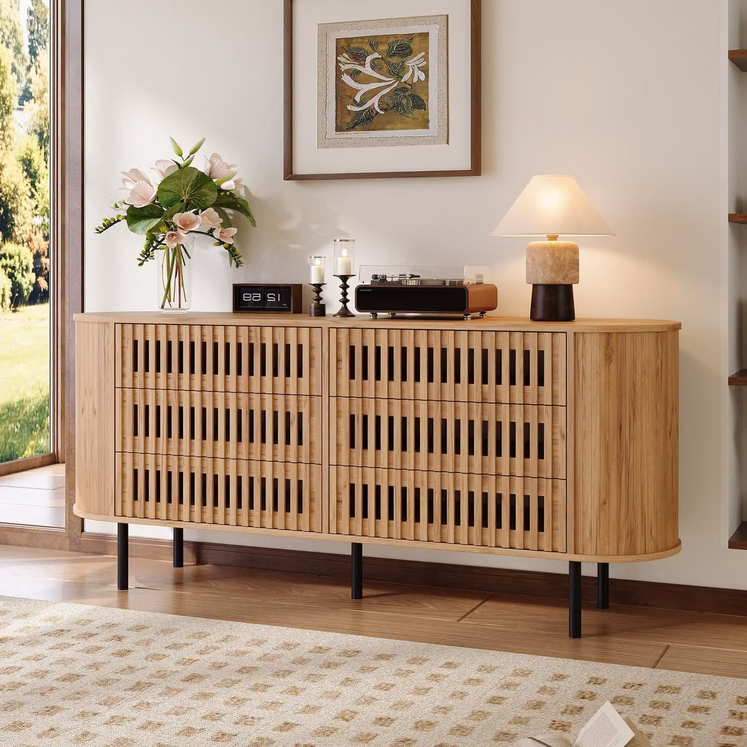 Comò okwish con gambe in metallo, design a listelli forati, mobile contenitore con 6 cassetti, ampio spazio di stoccaggio, stile naturale