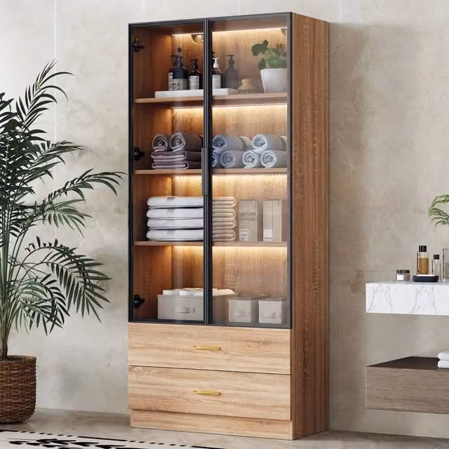 Armadietto bagno con luce e anta vetro ¨C Minimal ¨C Bianco 75cm 2 cassetti 2 ante