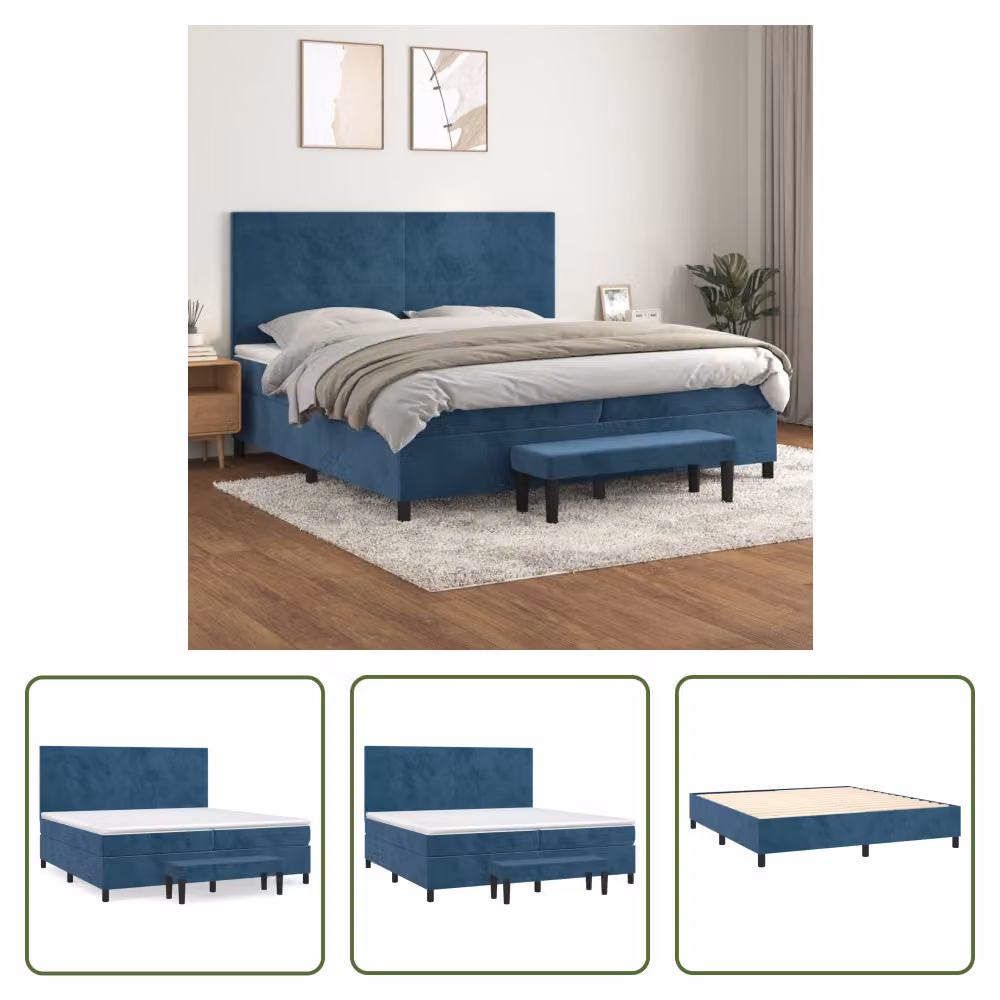 The Living Store Letto a molle con materasso blu scuro 200x200 cm in velluto