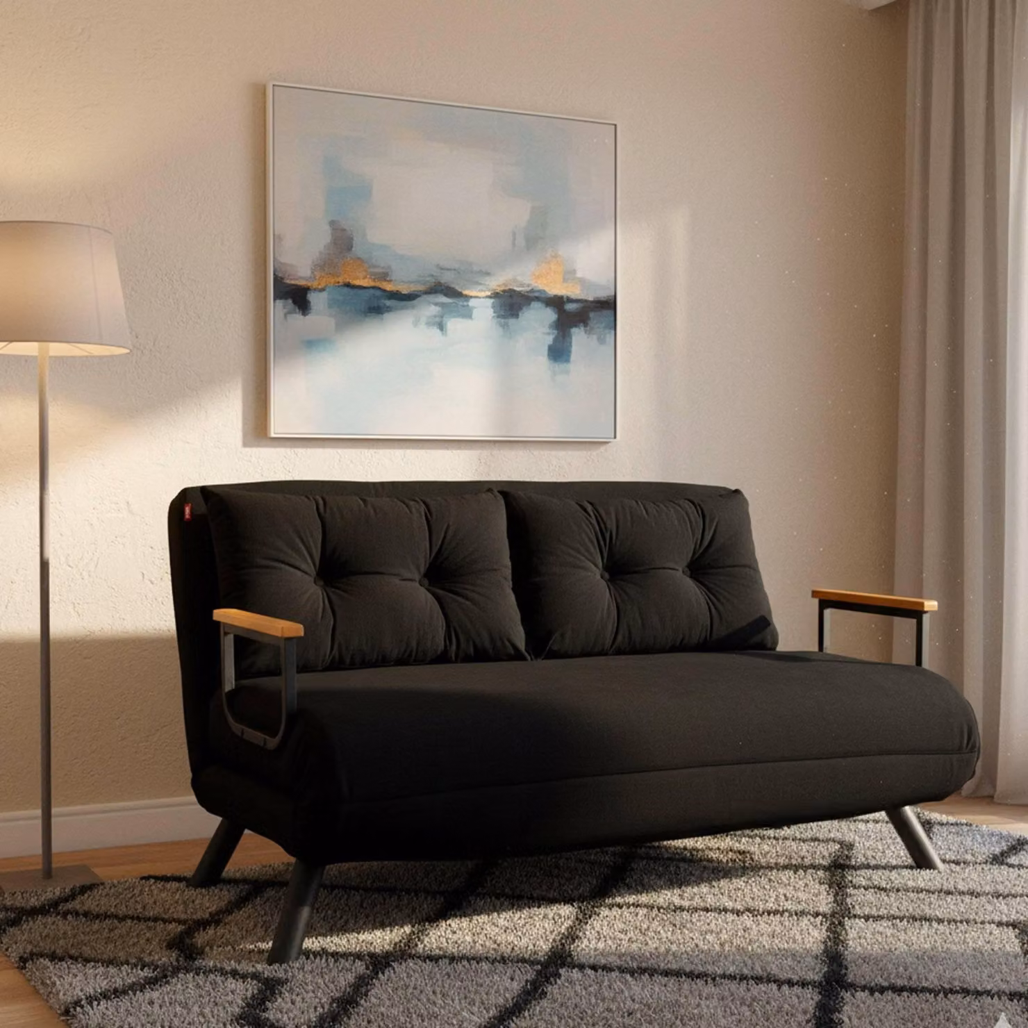 Calvin - Divano Letto 2 Posti, 133x78 cm Nero, Contenitore