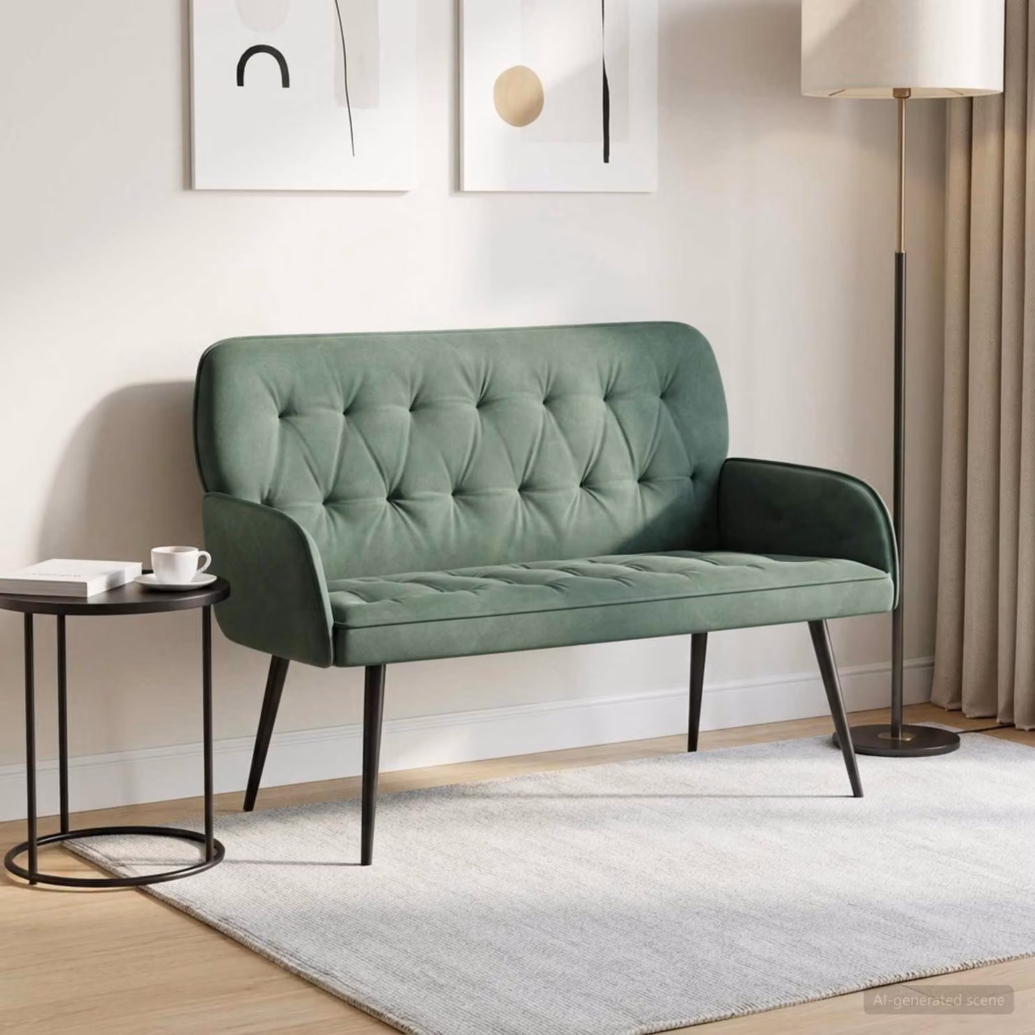 vidaXL Divano a 2 posti moderno in velluto verde con gambe in metallo e legno L: 115 cm, P: 86 cm, H: 58 cm