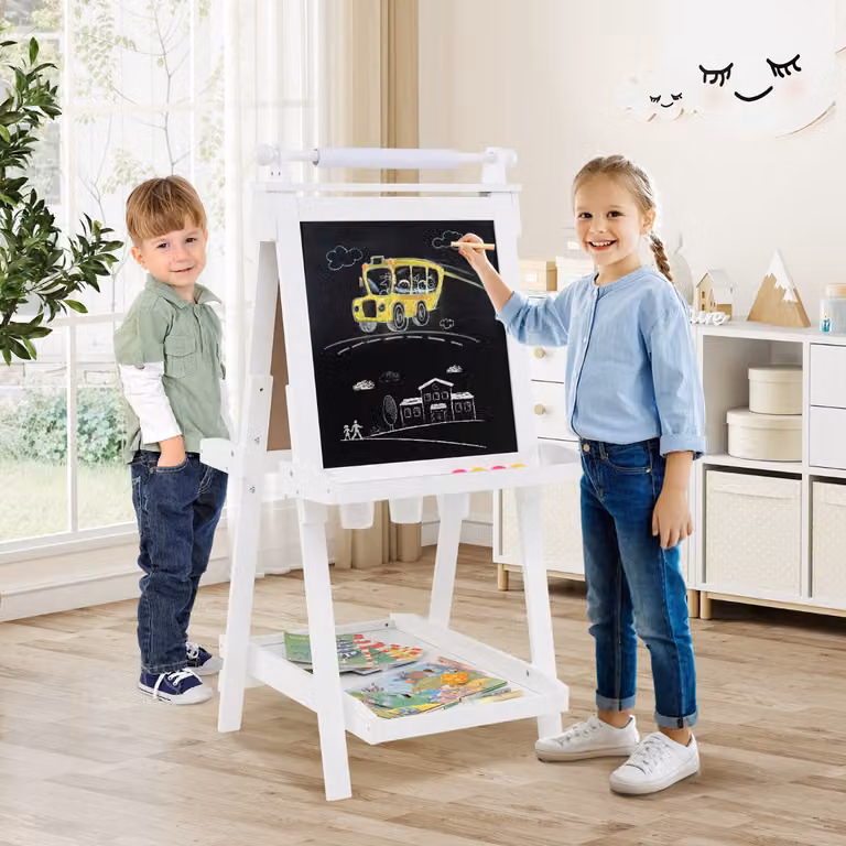Cavalletto artistico 3 in 1 per bambini Costway con lavagna bifacciale, rotolo di carta e vassoi portaoggetti, Bianco