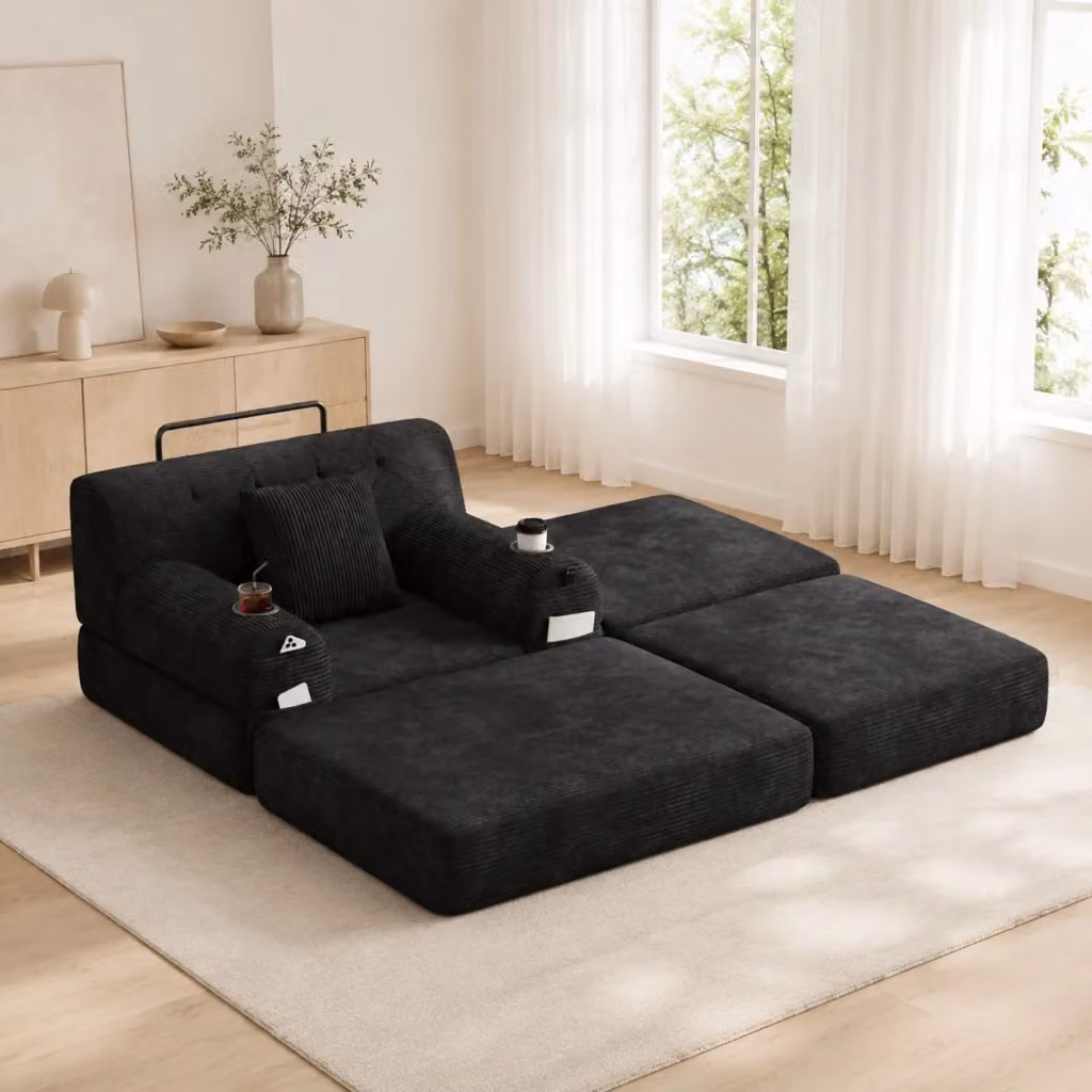 Poltrona letto singola Mivray in velluto a coste nero con poggiapiedi, schienale alto, tasche e portabevande L/P/H: 81 x 162 x 107 cm – 2