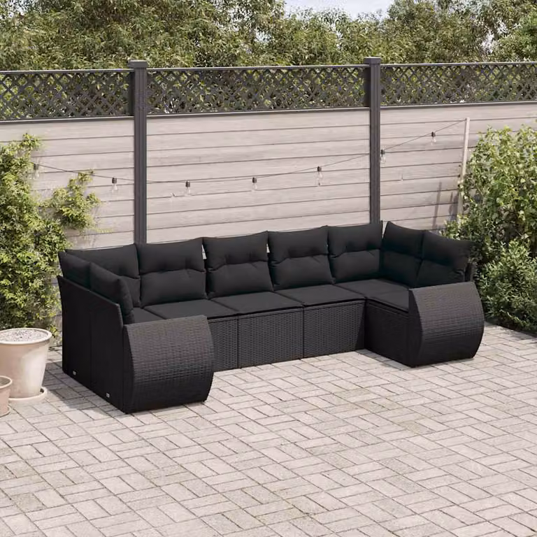 Set di Divani da Giardino vidaXL a Forma di L con 7 Cuscini in Polyrattan Nero