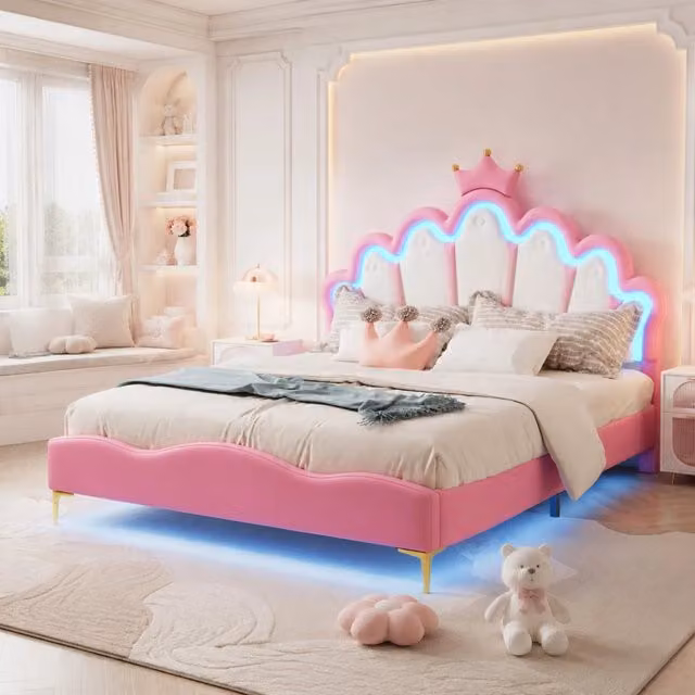 Letto matrimoniale 140x200 cm con LED e testiera a corona; in PU rosa
