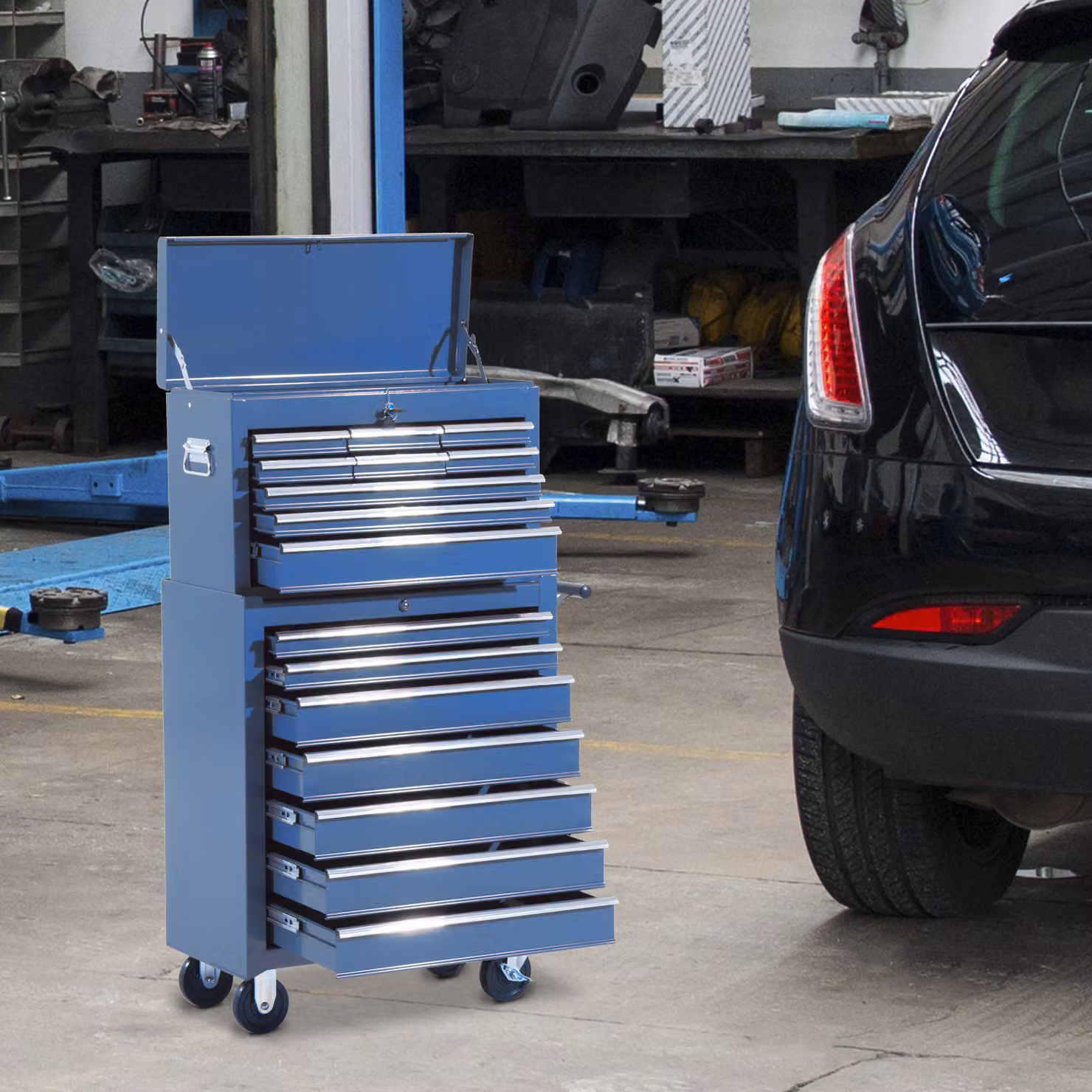 Carrello Cassettiera Porta Utensili HomCom in Acciaio Blu con Ruote e Chiusura di Sicurezza L: 61.5 cm, P: 33 cm, H: 113 cm – 2