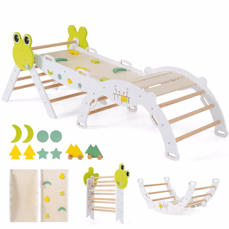 Set di 3 strutture per arrampicata indoor COSTWAY, triangolo pieghevole con scivolo, arco di arrampicata, rampa bifacciale, set di mattoncini e 2 macchinine, per bambini da 1+