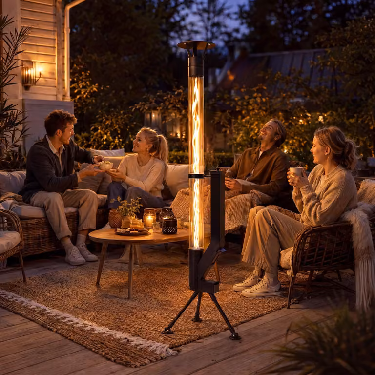 ZMH Stufa da giardino 6KW riscaldatore per terrazzo autoportante con tubo vetro 167cm stufa a pellet durata combustione 2h fiamma regolabile giardino