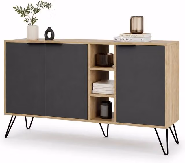 Madia Moderna Credenza con 3 Ante e Vani a Giorno 142x83 cm Rovere e Antracite