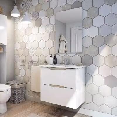 Mobile bagno sospeso INBAGNO bianco e rovere con specchio e base L/P/H: 60 x 45 x 57 cm – 1