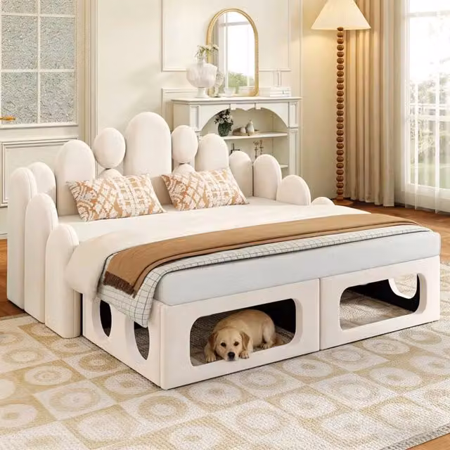 Divano letto 2-in-1 imbottito 180*200cm beige con base a listelle morbida con base multifunzionale con spazio per animali domestici