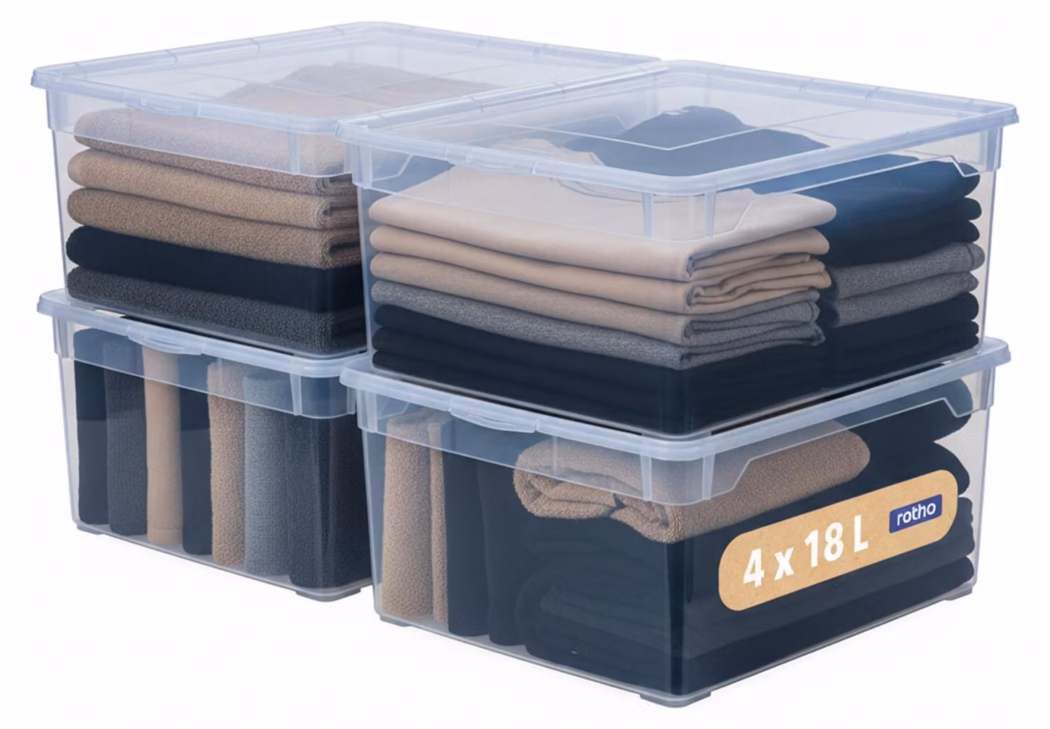 Set di 4 contenitori trasparenti con coperchio, capacità 18 litri ciascuno, ideali per l'organizzazione, colore blu