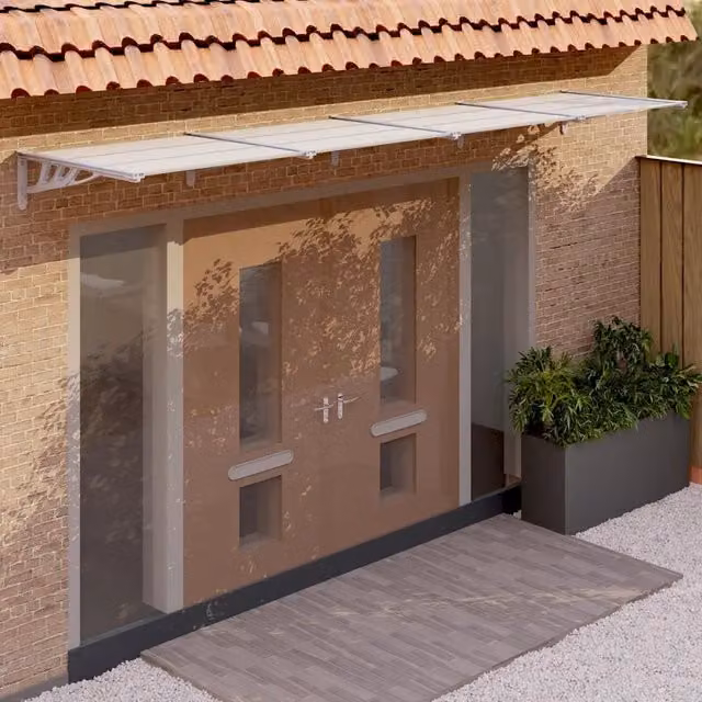 Tettoia per porta vidaXL in policarbonato e alluminio, Grigio e Trasparente, L: 396 cm, P: 90 cm, H: 27,5 cm – 1
