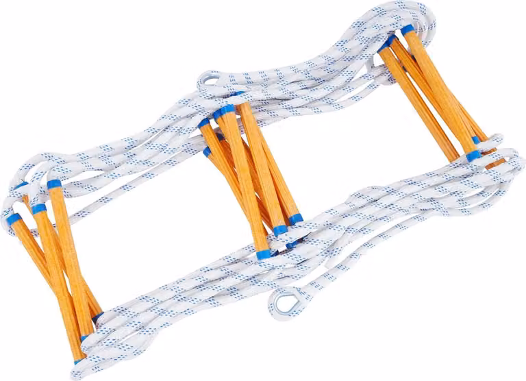 Scala di emergenza a corda per l'evacuazione - Scala di salvataggio/arrampicata portatile - Altezza 3,8 m - Larghezza 30 cm - Portata 100/120 kg - Pieghevole - Colore blu/bianco/giallo