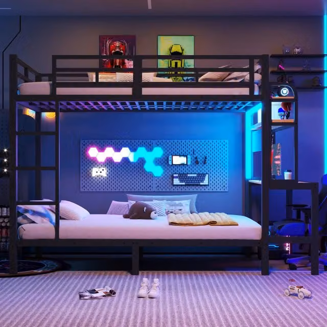Letto a castello 90x200 cm con struttura in metallo; scrivania; LED e USB; nero