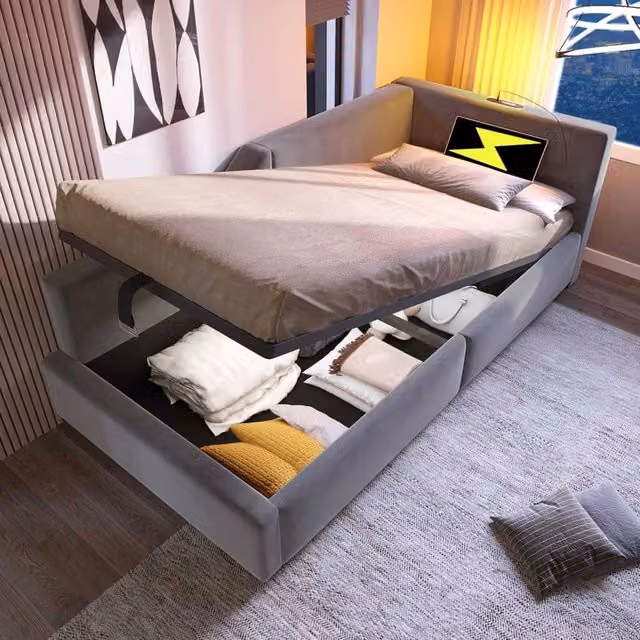 Letto singolo a divano contenitore 90x190 cm; apertura idraulica; luce da lettura e USB-C; velluto grigio (senza materasso)