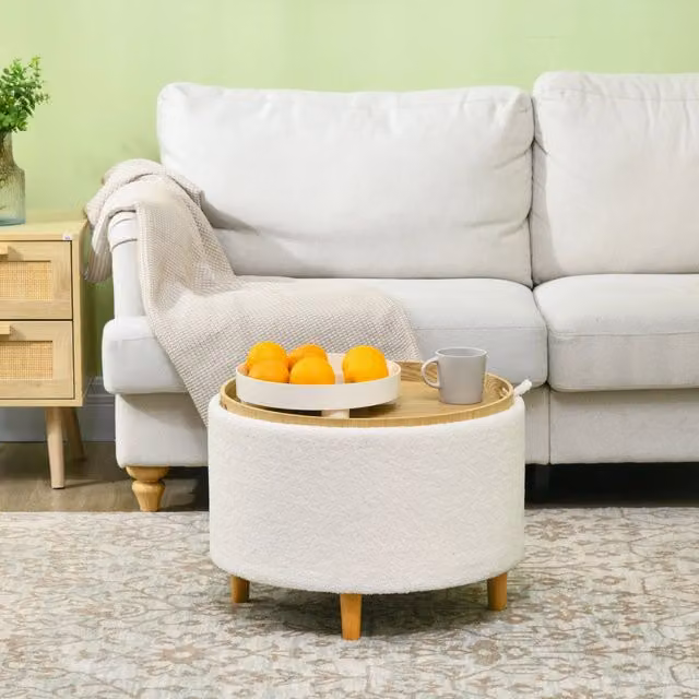 Pouf contenitore rotondo OKWISH in poliestere bianco per soggiorno, camera da letto o ingresso, L/P/H: 56 x 56 x 42 cm