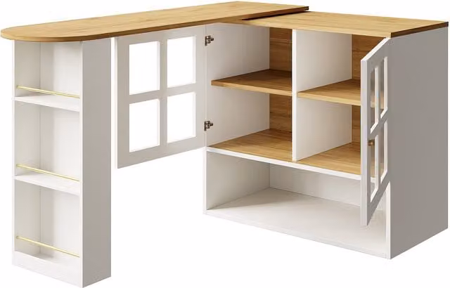 Credenza da cucina moderna Aosom con ripiani girevoli a 360 gradi e ante in vetro, Bianco, L: 138-204 cm, P: 39 cm, H: 102,5 cm – 1
