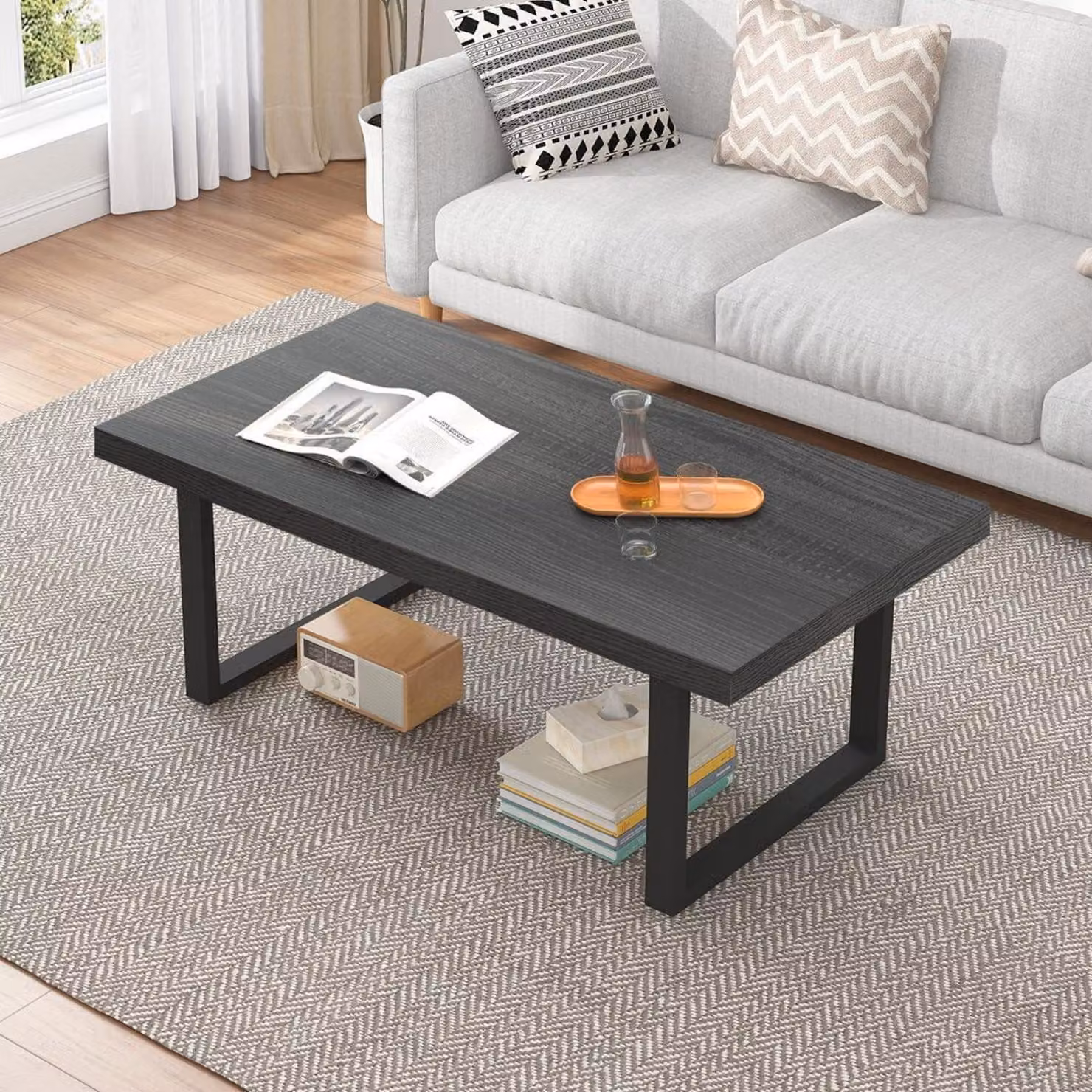Tavolino da divano in stile industriale, color grigio scuro, 100 cm, legno e metallo, forma rettangolare